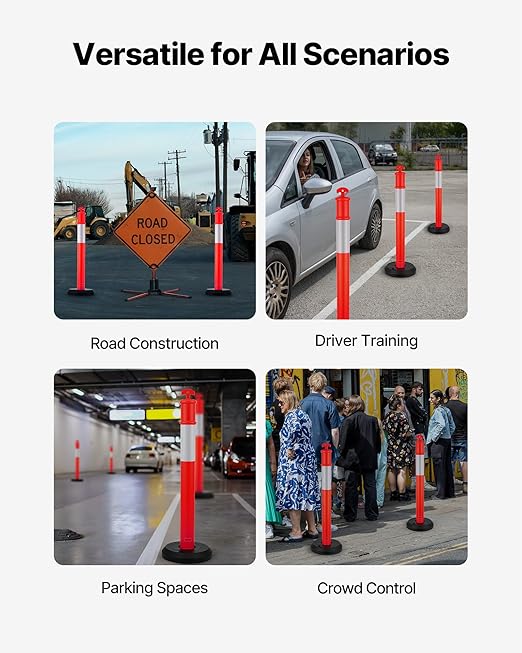 VEVOR 2 Pack Traffic Delineator Posts, 48 inches Traffic Safety Cones with Fillable Base and Reflective Strips, Heavy Duty Delineator Posts for Construction Site, Parking Lot, Crowd Control, Red