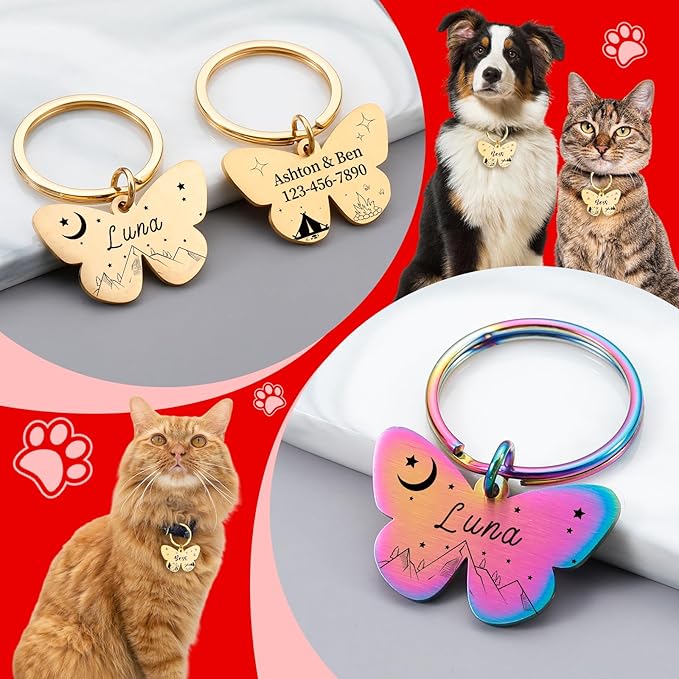 Custom Butterfly Dog Tag - Engraved Personalized Pet ID Tag for Dogs & Cats, Customizable Name, Text, 6 Colors & 3 Sizes, Durable & Cute Pet Collar Charm for Dog Lovers, Pet Mom Dad