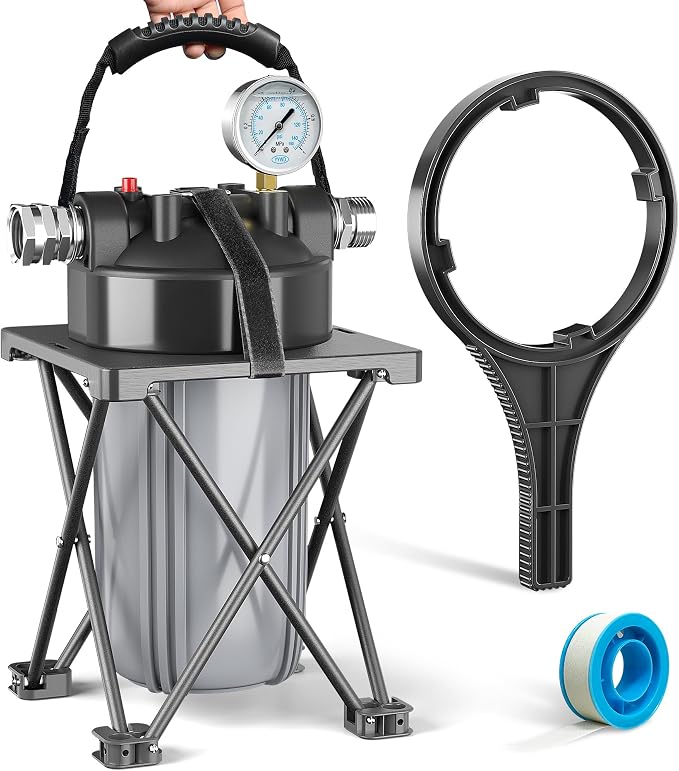 6-Layer RV Water Filter with Stand and 0.5 Micron Filtration, 3/4" GHT Metal