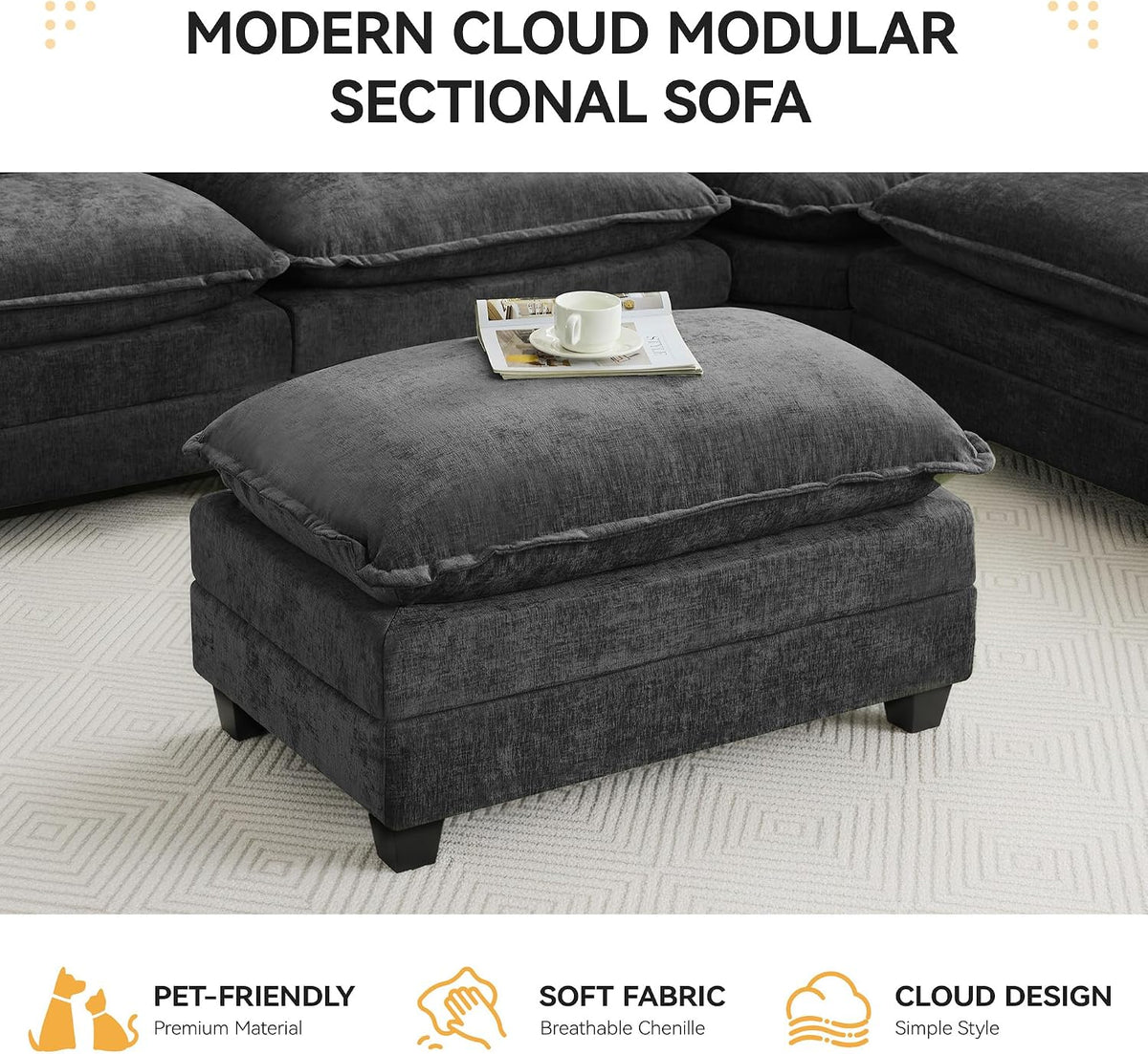 35‘’ Modern Chenille Cloud Sofa Ottoman,Rectangle Ottoman for Modular Sectional Sofa, Dark Grey