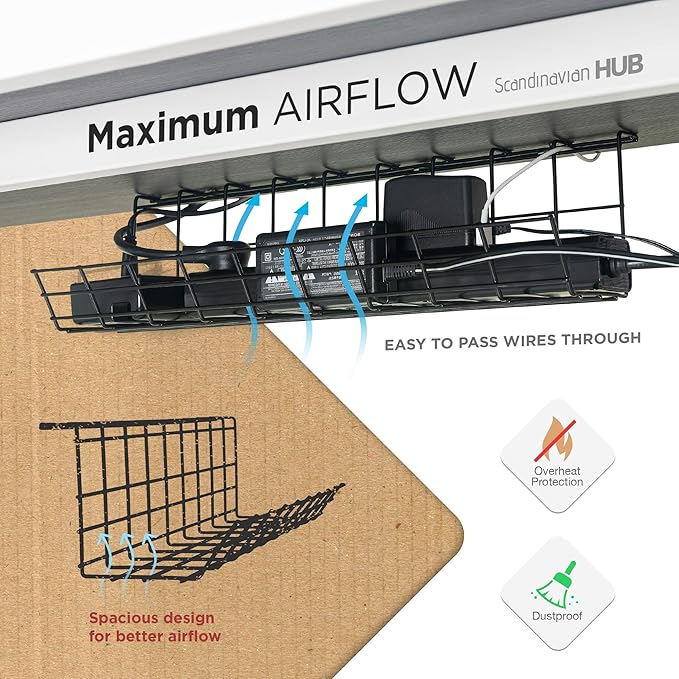 Under Desk Cable Tray, Cord Organizer for Wire, Cord Management, Under Desk, Wire Holders - Black Tray - Set of 4X 17