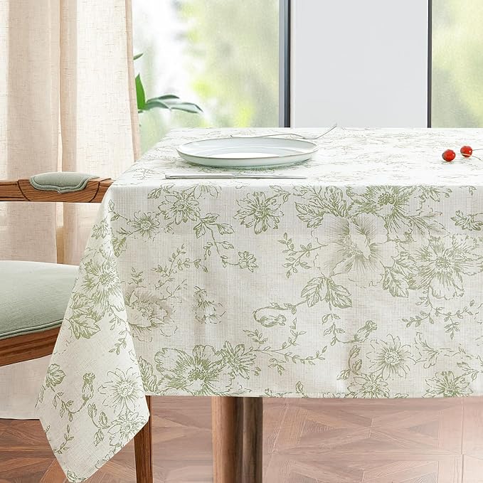 jinchan Green Floral Linen Blend Rectangle Table Cloth 52 x 70 Inch | Elegant