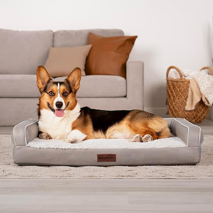 Furhaven Cooling Dog Sofa Bed – Memory Foam Couch with Bolsters, Textured Plush & Water-Resistant Cover, Washable Cover - Greige, Medium