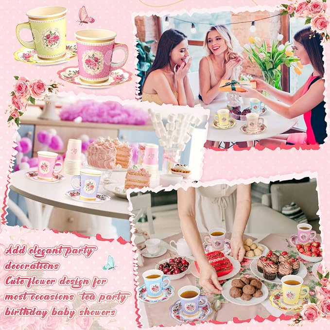 Tioncy 100 Pcs Tea Party Decorations Include 50 Pieces 9 oz Paper Tea Cups