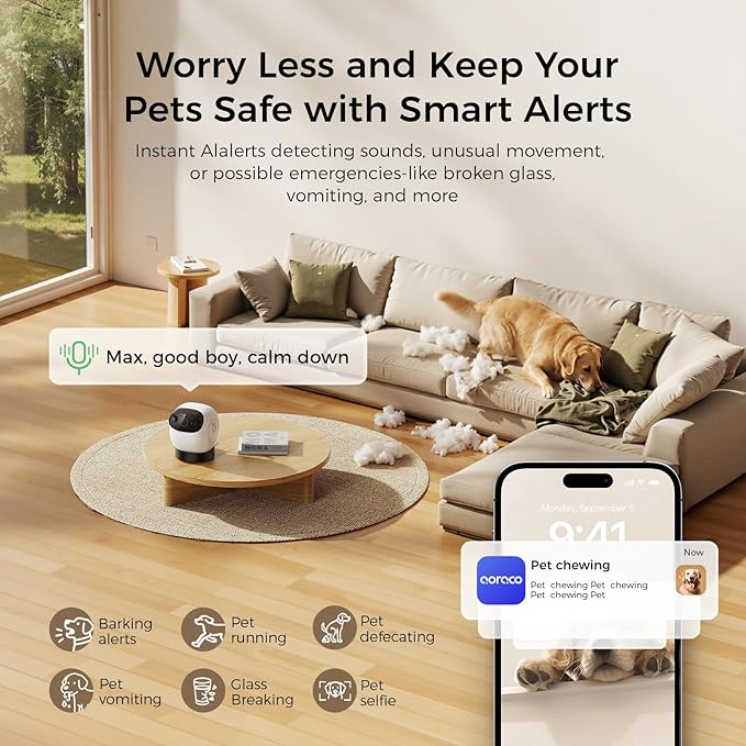 3K Pet Camera Treat Dispenser, 32ft Remote Tossing for Dogs & Cats – Reduces Separation Anxiety, 360° View, Security Indoor Cam w/Phone App, Barking Alerts, No Subscription, 2.4&5G WiFi