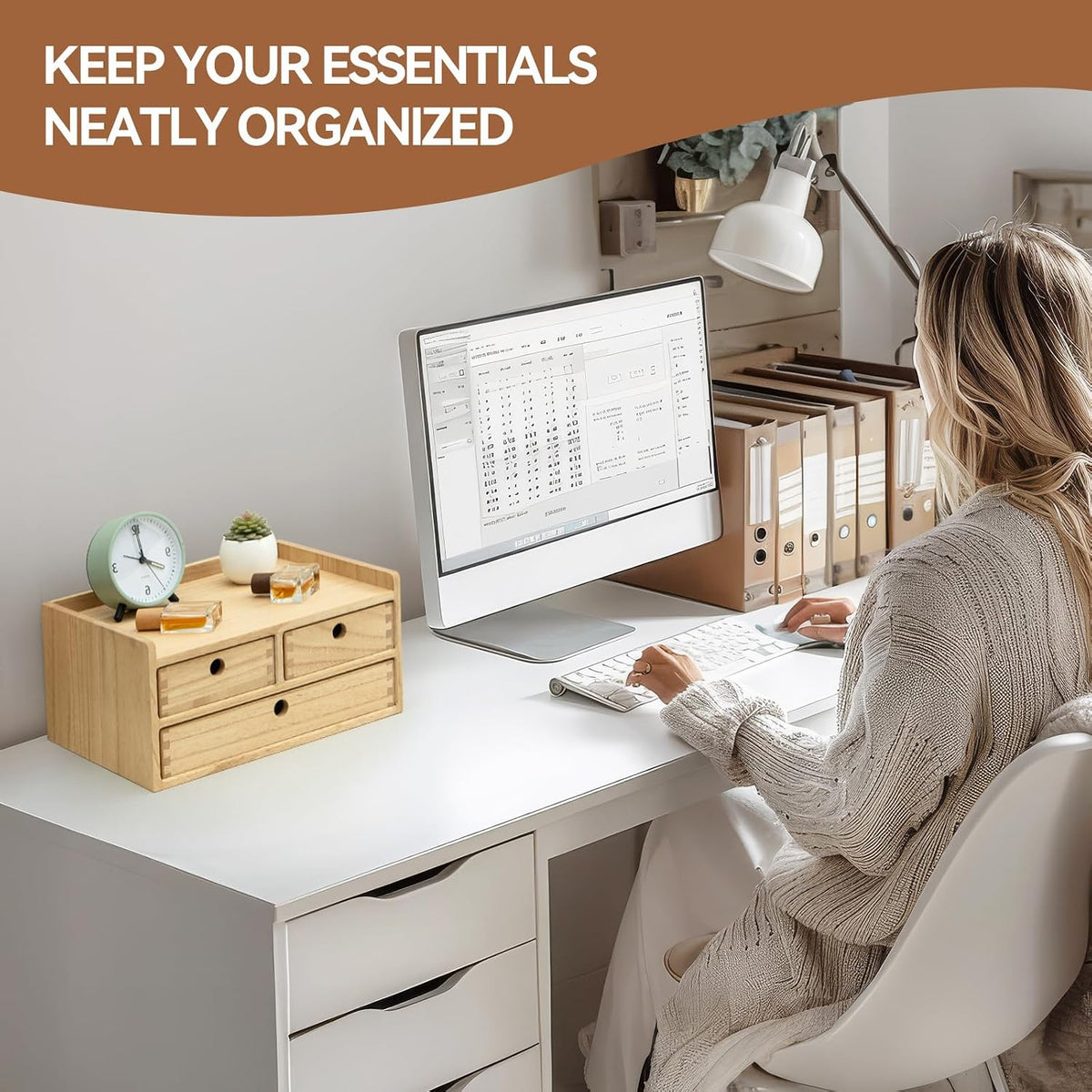KIRIGEN Wooden Desk Organizer with 3 Drawers and Top Tray Natural DT2D3C-NA