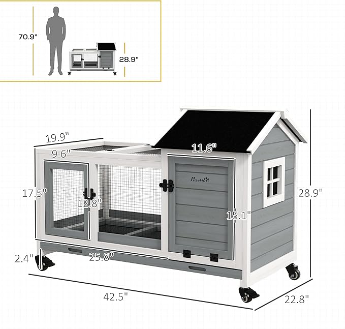 PawHut Wooden Rabbit Hutch with Wheels, Indoor Outdoor Large Bunny Hutch with Run & Slide-Out Tray for Small Animals, Rabbits, Chickens, Ducks, Guinea Pig, Gray