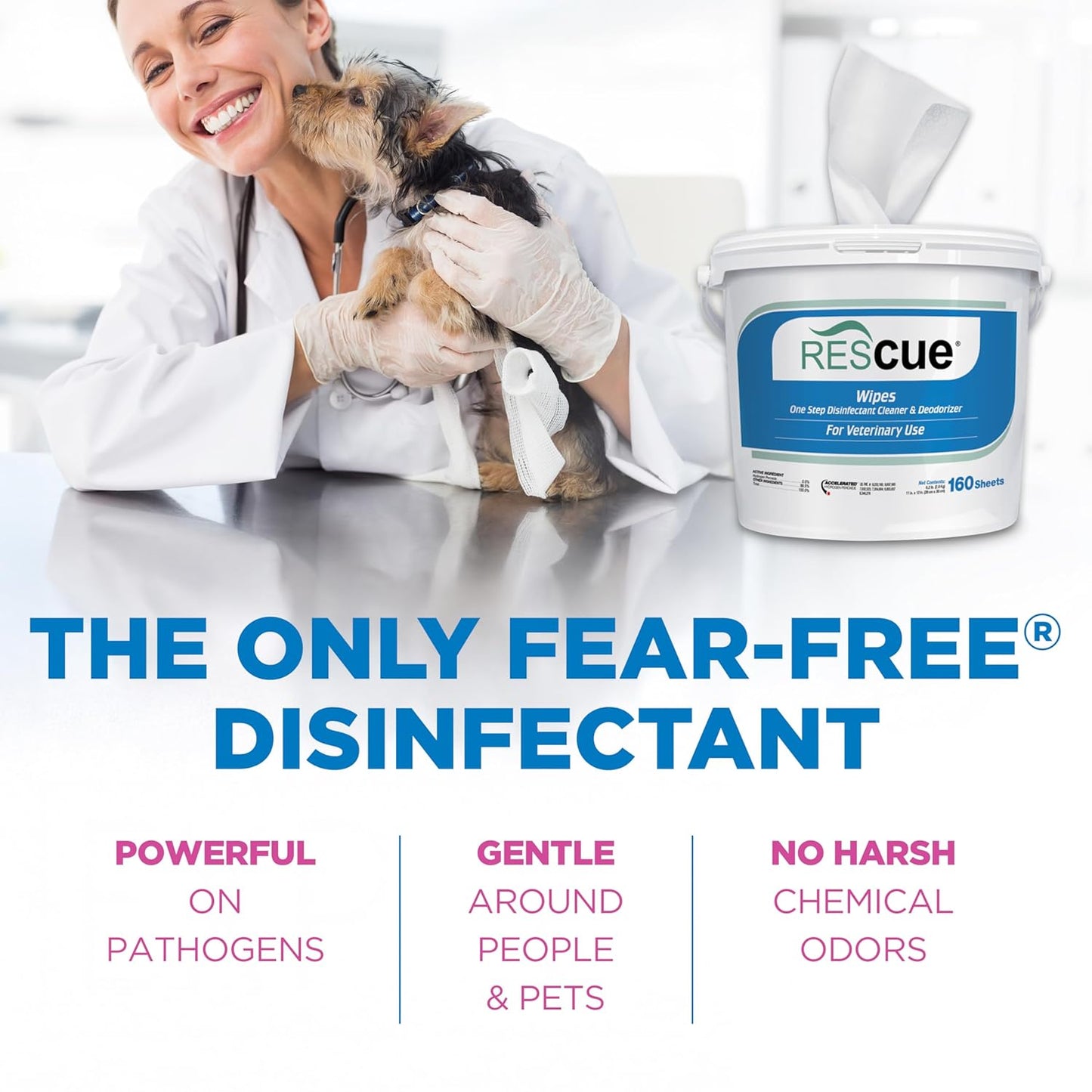 REScue One-Step Disinfectant Cleaner & Deodorizer Wipes for Vet Use – Cleaner for Kennels, Litter Boxes, Vet Offices, Pet Grooming Surfaces – Extra Large, 160-Count Wipes Bucket (4 Pack)