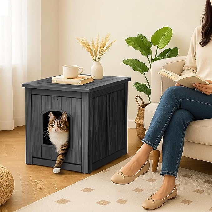 DRATO Outdoor Cat House -Weatherproof Resin Cat Houses for Outdoor Cats, Durable, Easy Assembly,cat igloo outdoor，Durable & Insulated Shelter for Garden, Patio, or Backyard（Black，18.46*23.62*21.42）