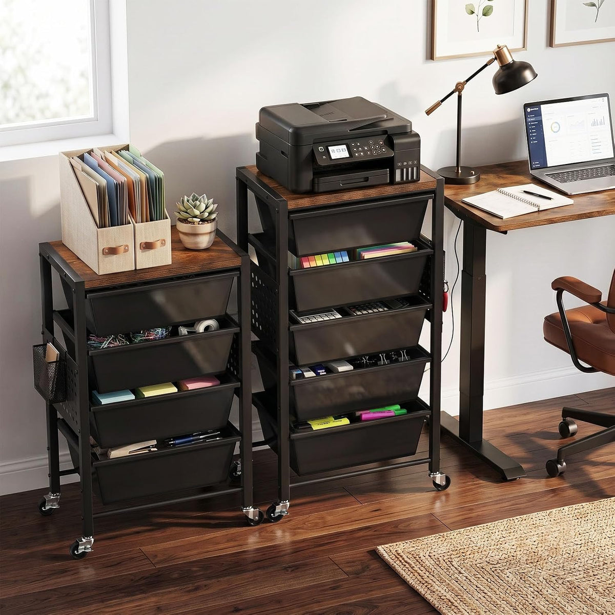 Rolling Cart with 5 Drawers, Plastic Drawer Storage Carts with Wheels & Wooden Tabletop, Metal Utility Cart with Pegboards, Office Living Room Classroom Craft Organization and Storage, Dark Black
