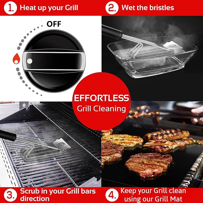 KITCHEN PERFECTION Safe Wire Grill Brush for Outdoor Grill w/Grill Scraper & Grill Mat Grill Cleaning Kit -Extended Handle BBQ Brush for Effortless Grill Cleaning Grill Cleaner Brush Barbecue Tools