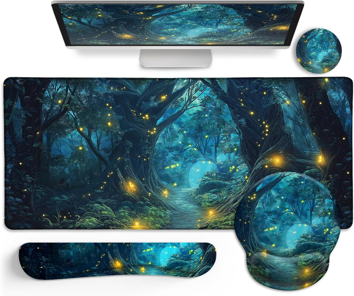 LIMKRIAN Mouse Pad with Wrist Rest, Firefly Forest Computer Desk Mat Set