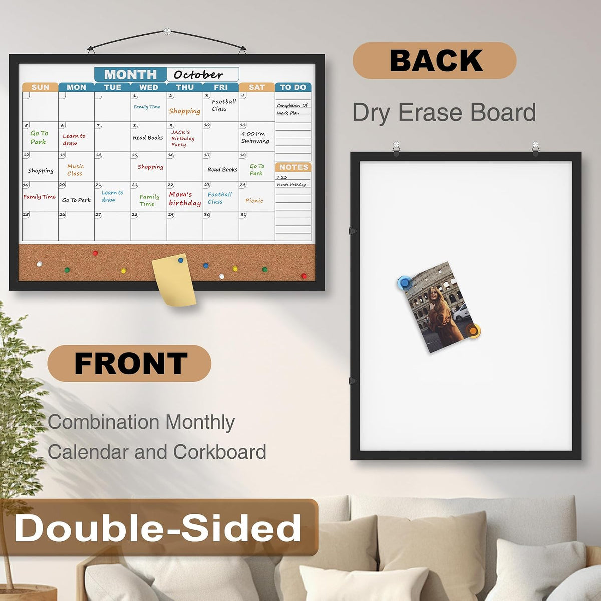 Monthly Calendar Dry Erase Board 24x18 Inch, Double-Sided Whiteboard and Corkboard Combo with Black MDF Frame (Color Calendar), Wall Mounted Planner with Marker, Magnet, Push Pin, Eraser