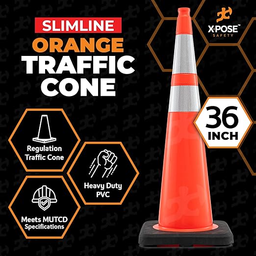 Xpose Safety 36 Inch Orange Slim Line Traffic Cones with 6" & 4" Collars, 1 Pack Multipurpose PVC Plastic Safety Cone for Parking, Soccer, Caution, Kids & Construction - DOT Approved