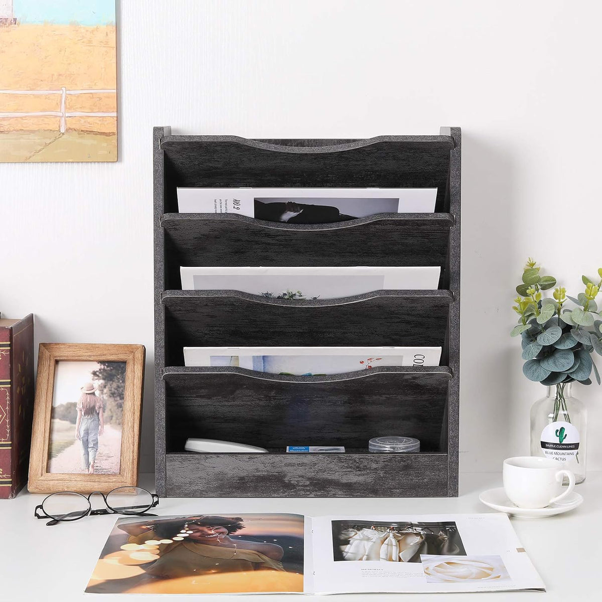 PAG-Mass 5-Tier Wall File Holder Hanging Mail Organizer Wood Magazine Literature Rack with 6 Hooks, Dark Gray