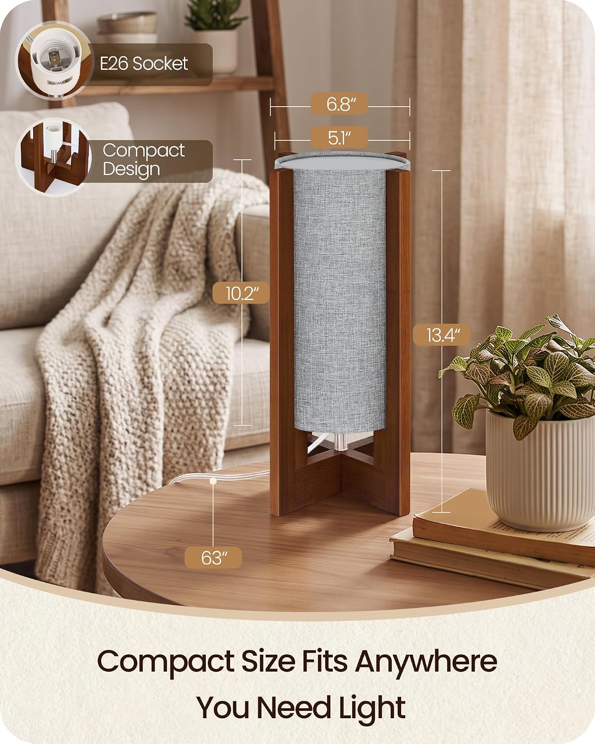 Gray Table Lamp, 13.4" Small Bedside Lamp with A19 LED Bulb