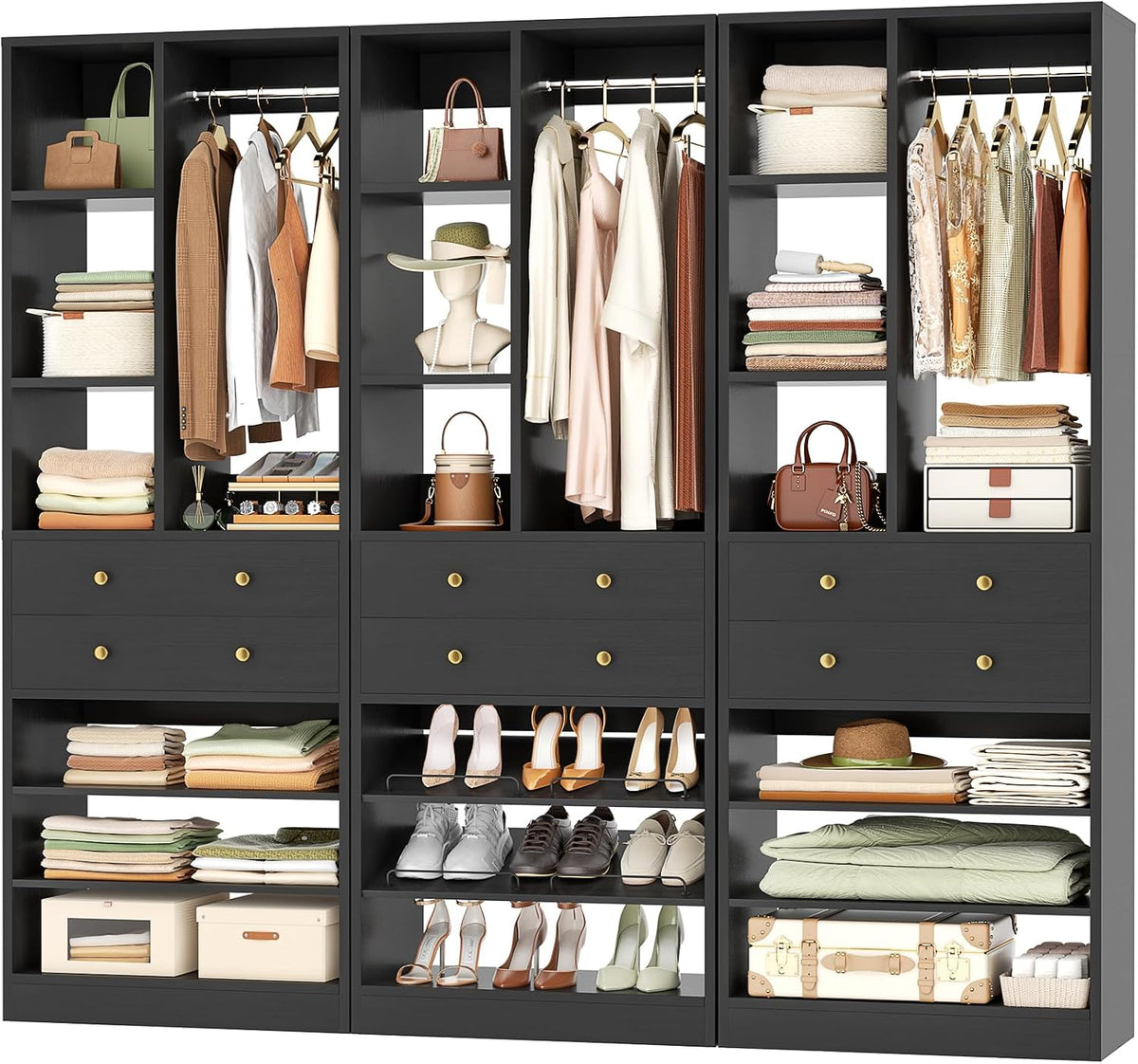 Besiost Closet System, 84"/7 FT Closet Organizer System with 6 Drawers and Shelves, Walk-in Closets Systems, Free Standing Reach in Closet Tower, Load 1800+LBS, Black 3 Pack
