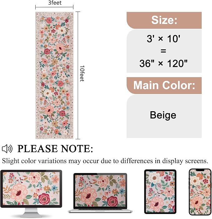DUKINO 3x10 Runner Rug for Hallway, Washable Kitchen Floral Runner Rug
