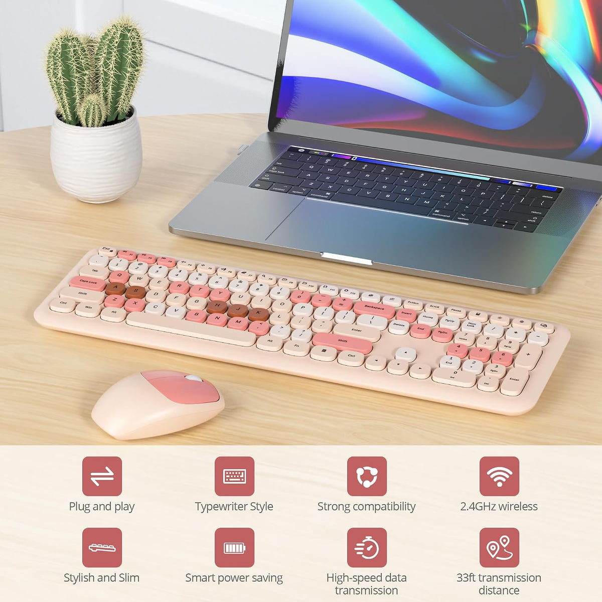 Wireless Typewriter Keyboard and Mouse Combo Retro 104 Key Full Size Office Set Milk Tea Keyboard with Silent Round Keycaps, Ideal for Laptop and Desktop PCs, Cute Design Keyboard (Milk Tea)