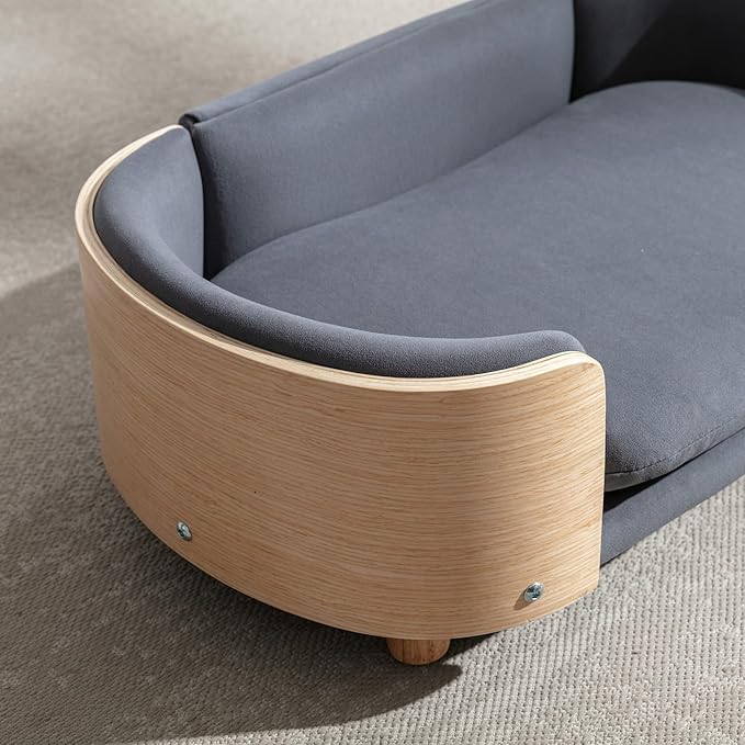 Scandinavian Style Elevated Dog Bed, Pet Sofa with Solid Wood Frame & Walnut Bent Wood Back, Orthopedic Support, Removable Washable Velvet Cover, Small Size, Dark Gray