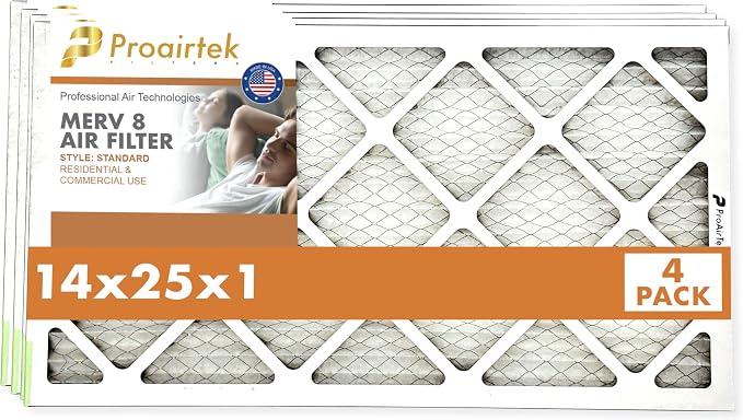 Proairtek AF14251M08SWH Model 14x25x1 Pack of 4 Air Filters, MERV 8; Ideal