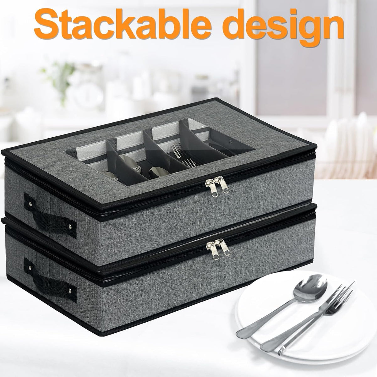 Silverware & Flatware Storage Organizer with Lid, 2 Pack Gray