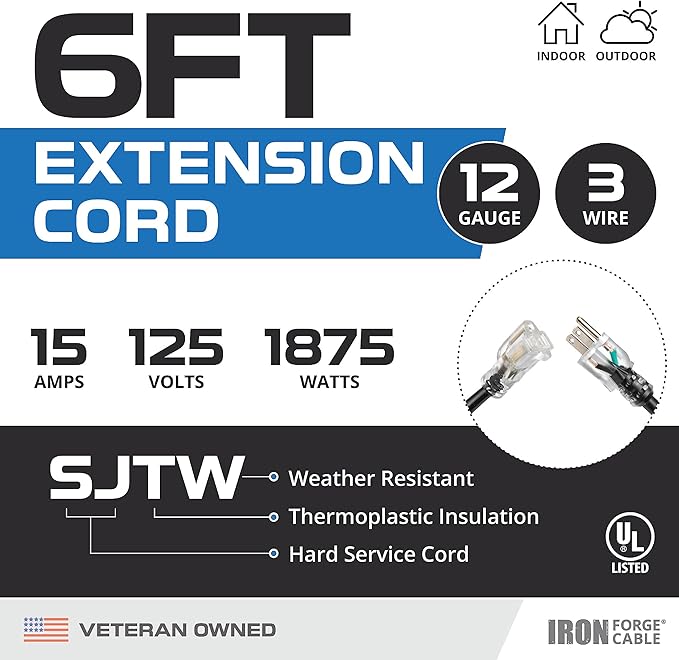 Iron Forge Cable 12 Gauge Outdoor Extension Cord 6 Ft, SJTW 12/3 Heavy Duty Extension Cord 3 Prong, Flame Retardant Black Electric Cable - Lighted End
