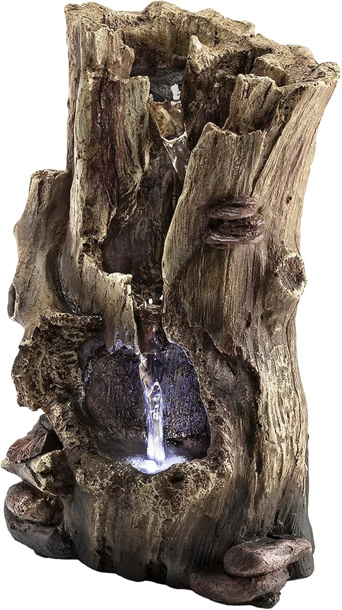 Alpine Corporation WIN326 Indoor Tabletop Light-Up Tiered Rainforest Tree Trunk Water Fountain with LED Lights, 11", Brown