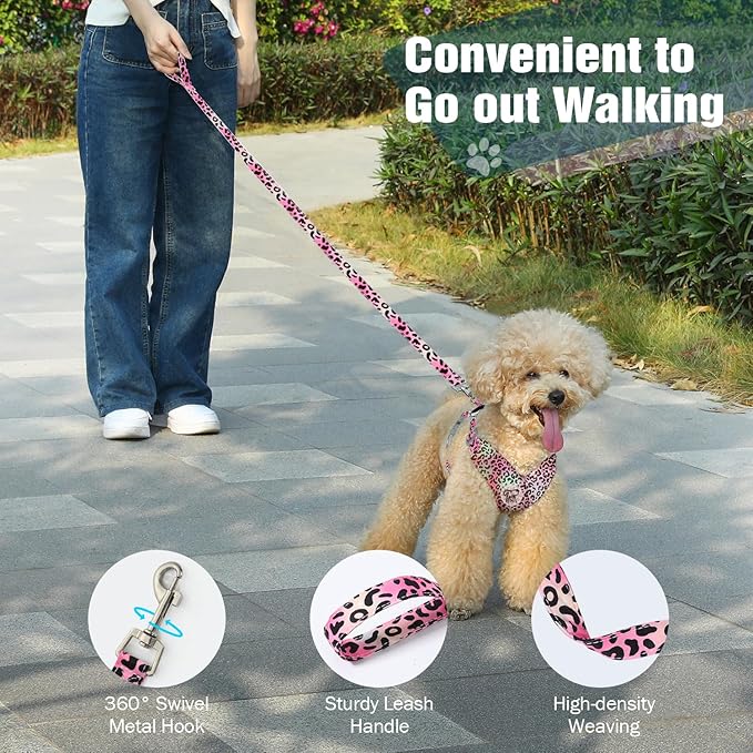 Pawaboo Small Dog Harness and Leash Set, Puppy Harness X-Frame No Pull No Choke, Dog Vest Harnesses Adjustable for Small Medium Sized Dogs,Soft Breathable Pet Harnesses, M, Magenta Leopard