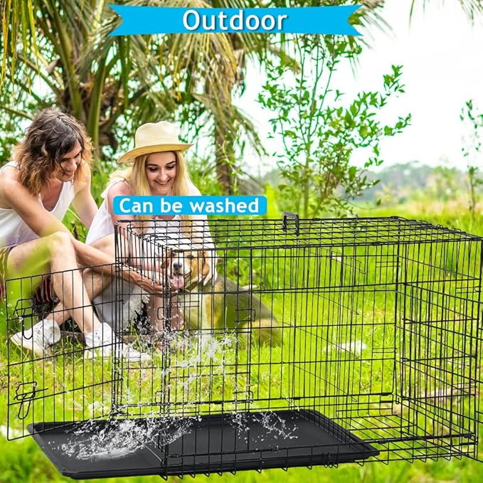 Dog Crate for Large Medium Small Dogs, Folding Dog Kennel Cage with Plastic Tray & Divider 48"/42"/ 36"/ 30"/ 24" Indoor Outdoor Metal Double Door Heavy Duty Dog Pen Enclosure, Black(24 Inch)