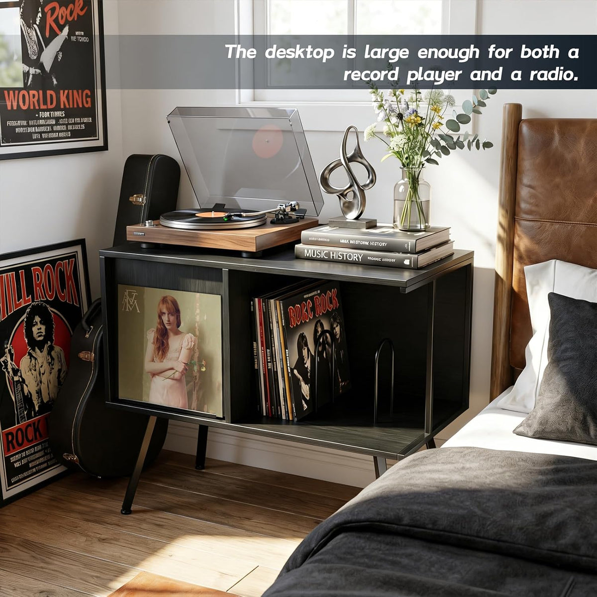 Faesun Record Player Stand with Flip-Down Record Shelf, Black