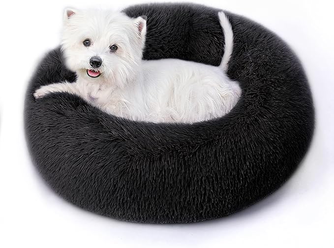 Calming Dog Bed & Cat Bed for Indoor Cats, Medium Size Washable Anti-Slip Anti-Anxiety Donut Dog Beds for Small Dogs & Cats, Fluffy Plush Cozy Round Dogs Beds(20 Inch, Black)