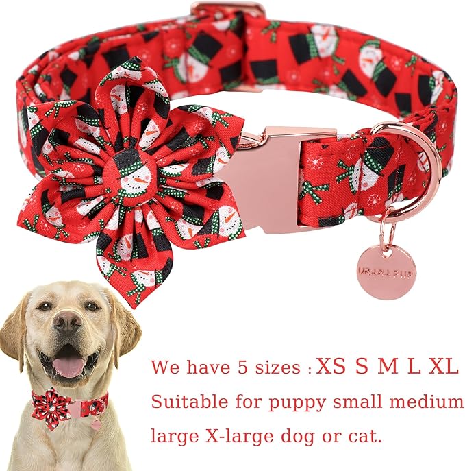 Christmas Dog Collar with Flower, Christmas Flower Collar for Puppy Girl Boy Dog or Cat, Comfortable Dog Collar Flower with Durable Metal Buckle, Cute Pet Collar, S