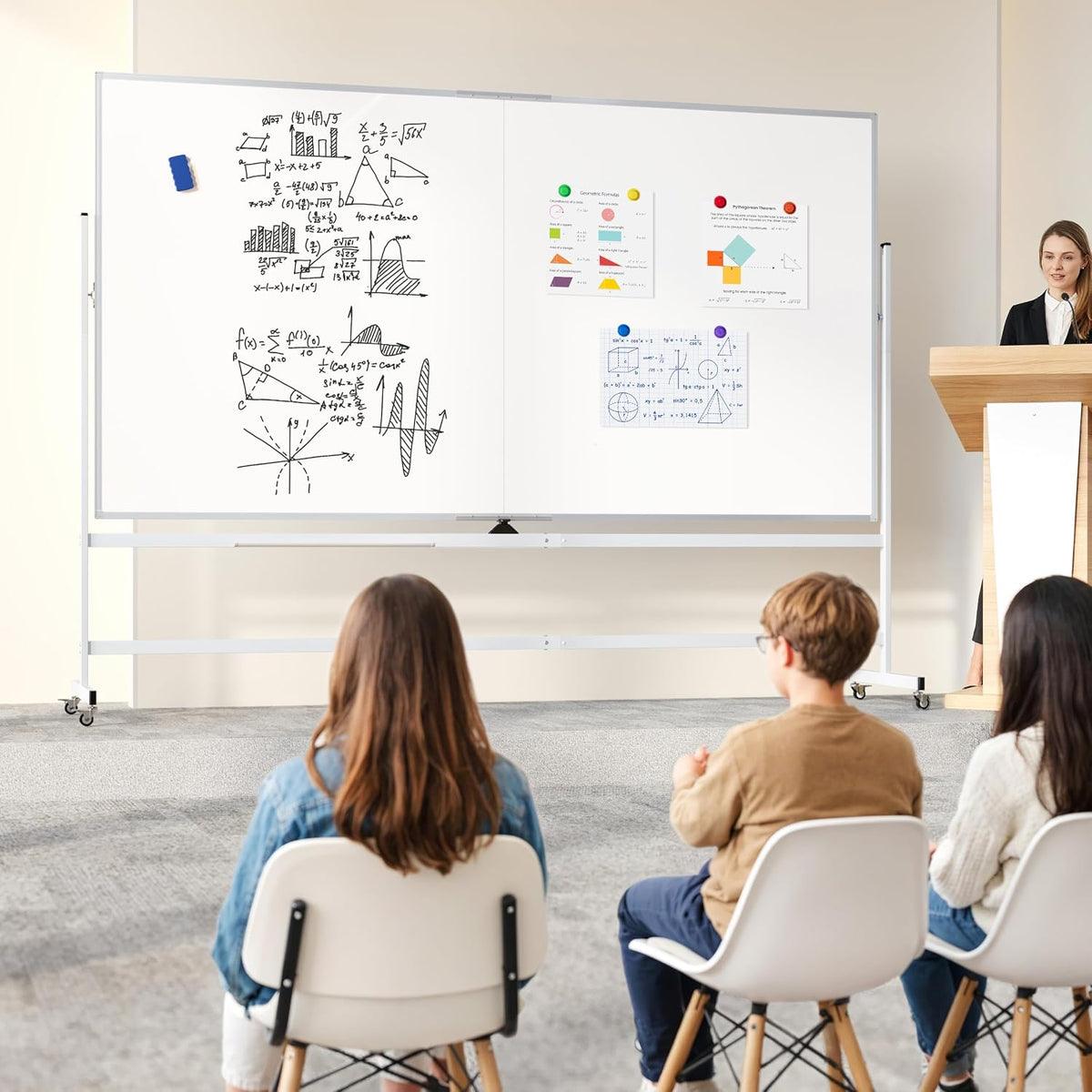 Large Rolling Whiteboard on Wheels, 96" x 48" Double-Sided Mobile White Board with Stand, 6' x 3' Portable Standing Magnetic Dry Erase Board Easel for Home Office Classroom School, Silver