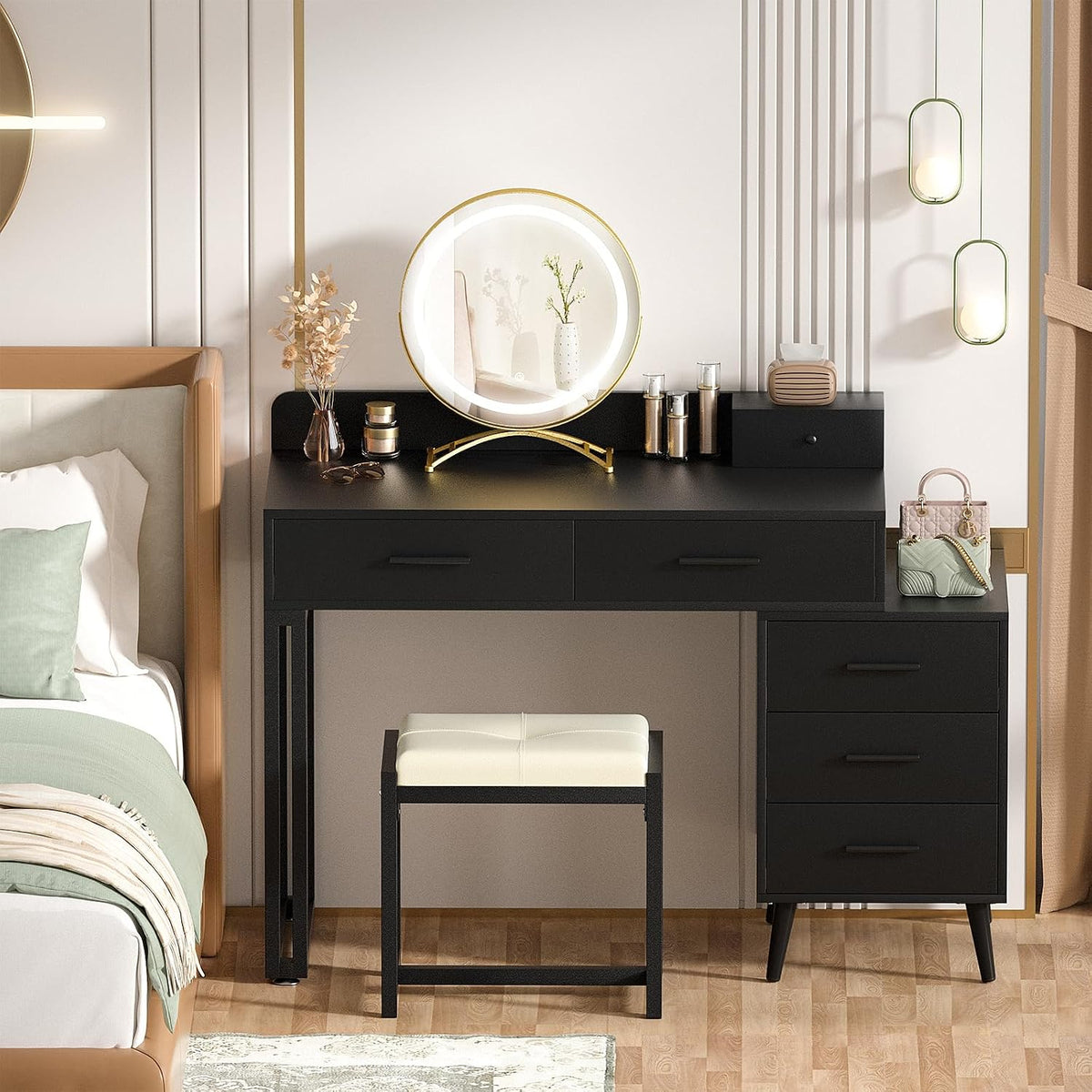 Armocity Black Vanity Desk with Mirror and Lights, Modern Makeup Vanity Table Set with 6 Storage Drawers and Cushioned Stool for Bedroom, Dressing Table with Divided Organizers for Women Girls, Black