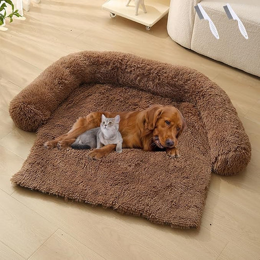 Dream Cloud Pet Sofa Bed for Dogs Cats, 2026 Washable Removable Calming Fluffy Plush Mat for Furniture Protector, Long Fur Non-Slip, for Small/Medium/Large Home Pets (Brown, L: 37.4 * 33.5IN)