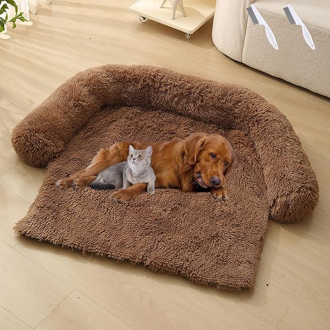 Dream Cloud Pet Sofa Bed for Dogs Cats, 2026 Washable Removable Calming Fluffy Plush Mat for Furniture Protector, Long Fur Non-Slip, for Small/Medium/Large Home Pets (Brown, M: 33.5 * 28.3IN)