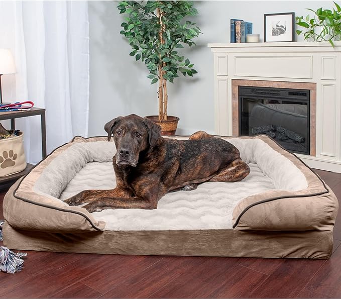 Furhaven Orthopedic Dog Bed for Large Dogs w/ Removable Bolsters & Washable Cover, For Dogs Up to 125 lbs - Plush & Velvet Waves Perfect Comfort Sofa - Brownstone, Jumbo Plus/XXL