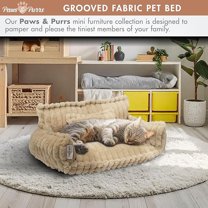 Grooved Pet Bed for Small to Medium Dogs or Cats, Soft Ribbed Corduroy-Style Polyester Fabric, Supportive Bolsters, Removable Cover, Non-Slip Base, Sofa Pet Lounger with Mini Play Cushion, Camel