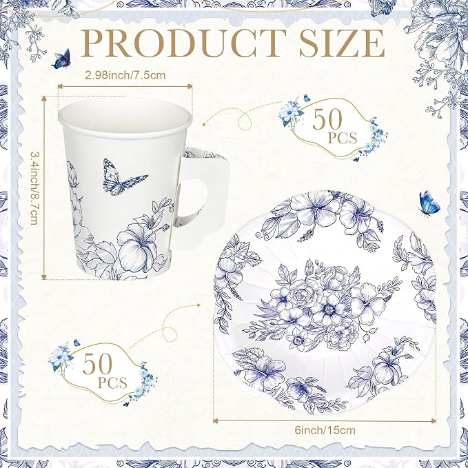 Tioncy 100 Pcs Tea Party Decorations Include 50 Pieces 9 oz Paper Tea Cups