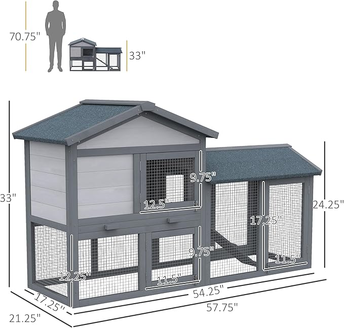 PawHut 58" Rabbit Hutch, Wooden Bunny Hutch, Guinea Pig Cage, Small Animal Enclosure with Run Area, Removable Tray, Asphalt Roof, Lockable Doors and Ramp, Dark Gray
