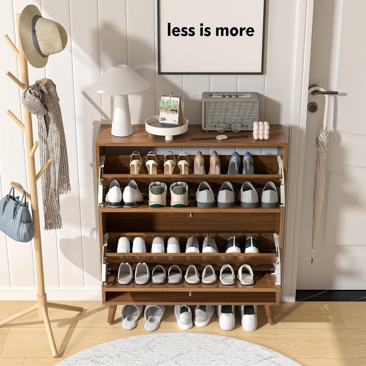 Fsbecl Shoe Cabinet Storage for Entryway with 2 Fluted Flip Drawers, Modern Freestanding Narrow Shoe Organizer with Adjust Shelves, Wooden Hidden Shoe Rack for Foyer, Hallway, Walnut