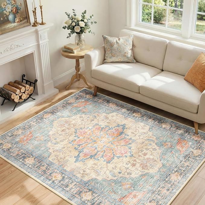 RELEANY Area Rugs 4'x6' Washable Non-Slip, Floral Vintage Distress Medallion
