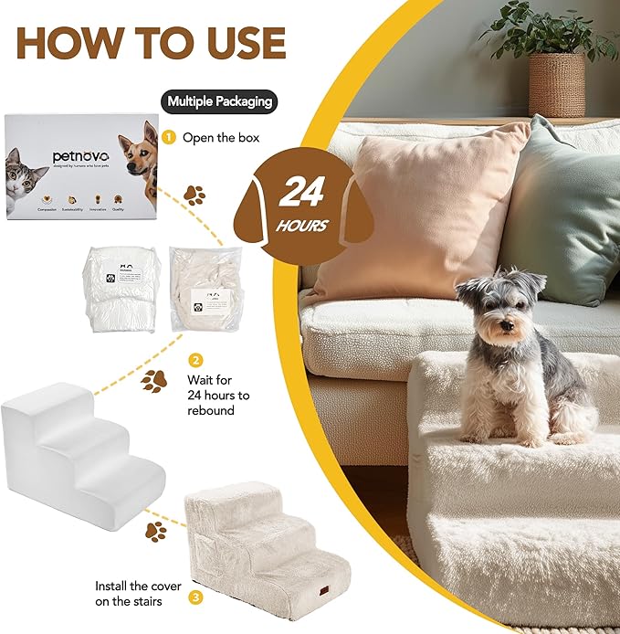 PETNOVO Ultra-Soft Rabbit Fur-Like Dog Stairs for Couch/Bed, Luxury Comfort 3-Step for Small & Senior Dogs, Non-Slip, Removable Washable Cover, OEKO-TEX Certified, 22.4"D x 15.7"W x 15.7"H, Off White