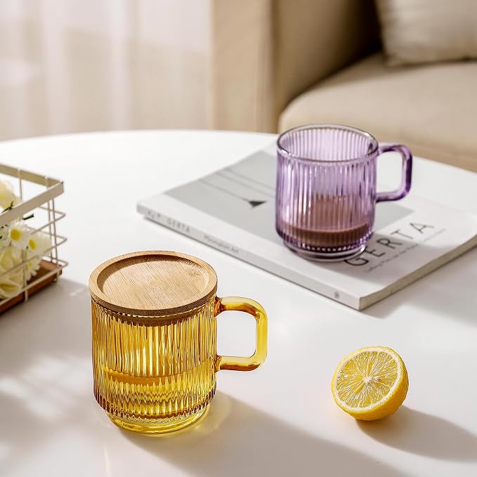 Lysenn Purple Glass Mug with Lid, Premium Glass Coffee Mug, 12 oz Tea Cup |