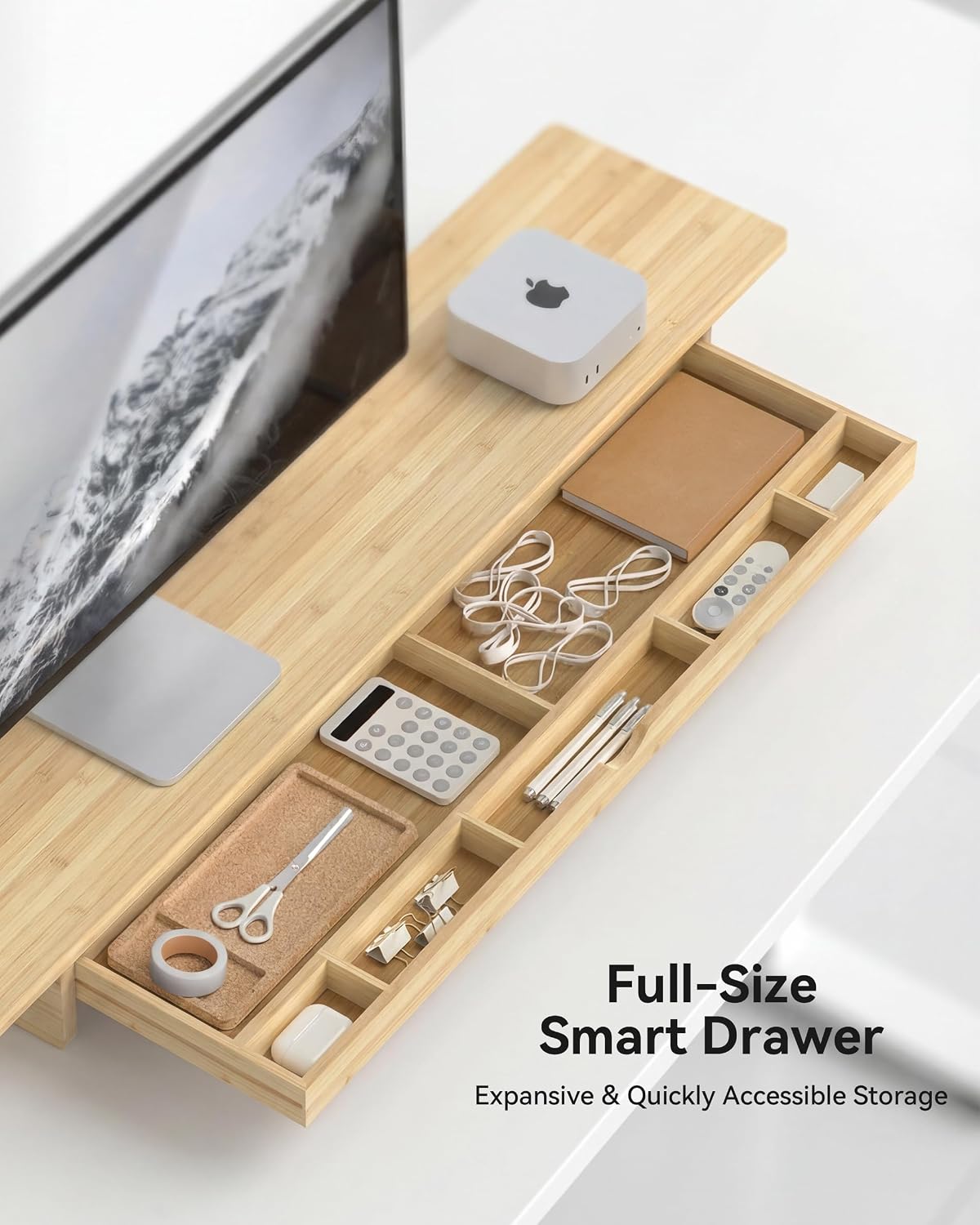 Dual Monitor Stand Riser with Drawer,Wood Desk Storage Shelf