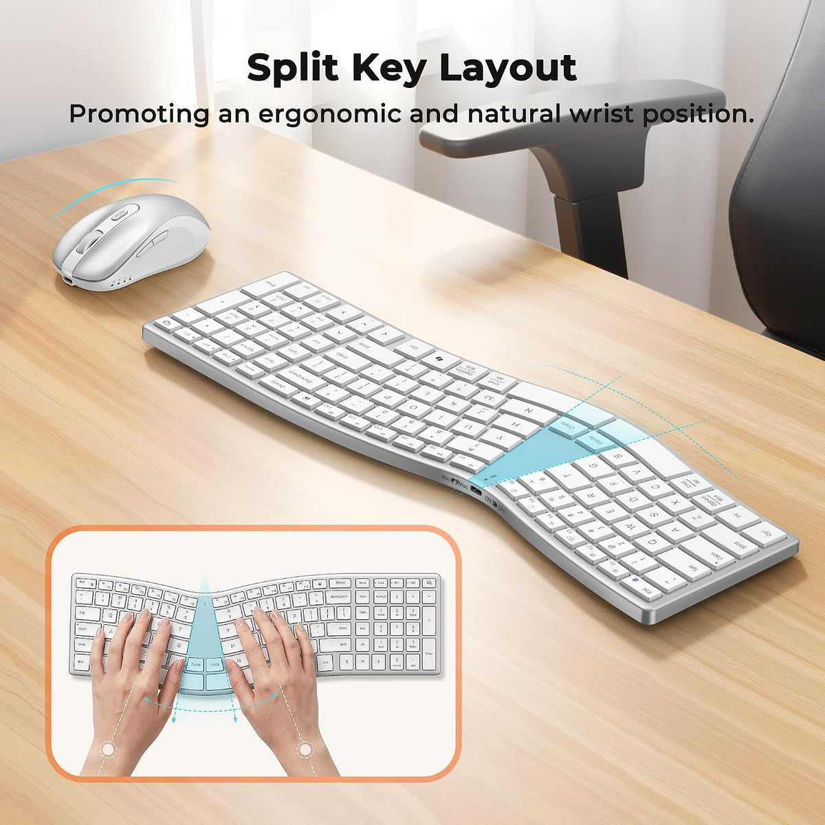 MEETION Wireless Ergonomic Keyboard and Mouse, Split S-Curve Design, White