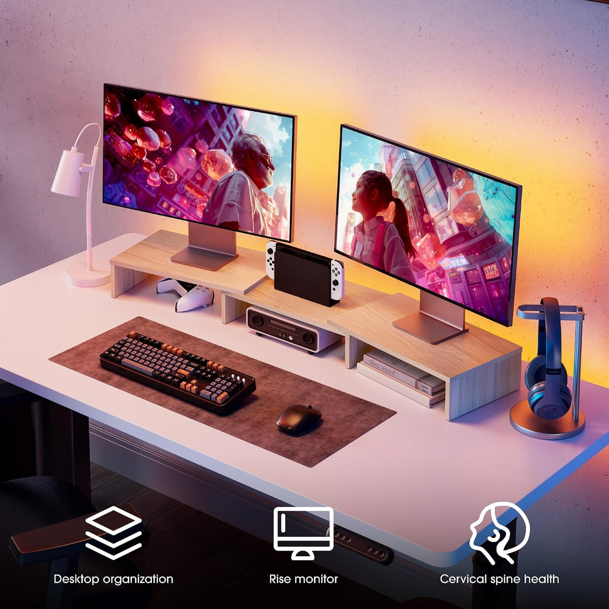 FITUEYES Dual Monitor Stand Riser, Adjustable Length and Angle, Oak