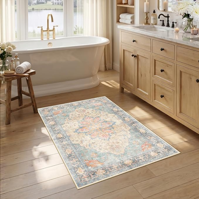 RELEANY Area Rugs Small 2'6"x4' Washable Non-Slip, Floral Vintage Distress