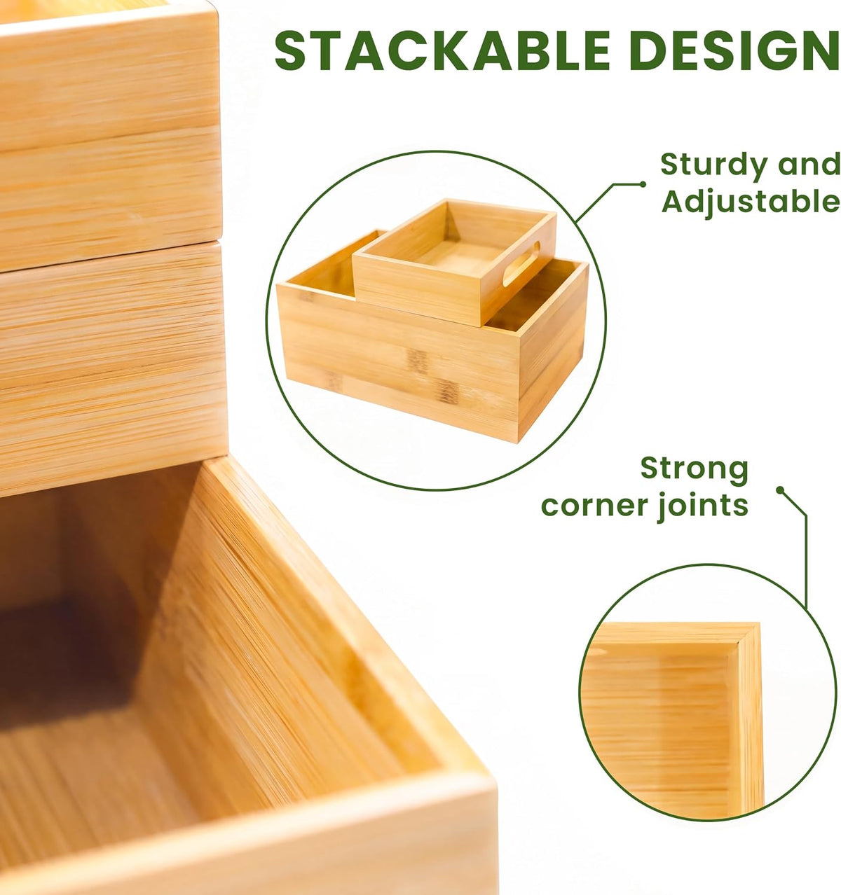 HOMESTEAD 3-Piece Stackable Bamboo Storage Box, Large Storage Bin, Wooden Boxes for Makeup Drawer Organizer Bathroom, Office Supplies, Kitchen Utensils, Bamboo Storage Containers (Medium)